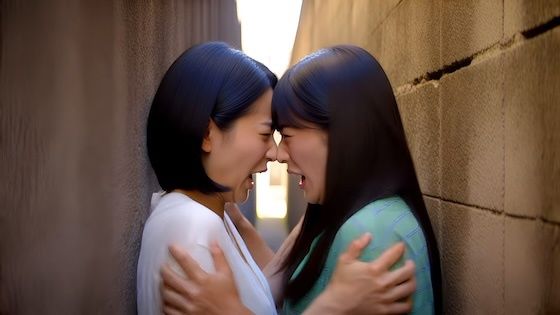 （ボイス有り）壁に挟まれ身動きが取れない中で鼻と鼻がぶつかって言い争いになるふたり。あいろこーぷ  エロ画像753275
